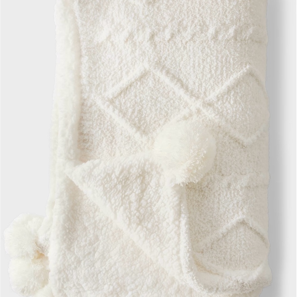 Cozy White Textured Blanket with Pom Poms - Picture 2 of 4
